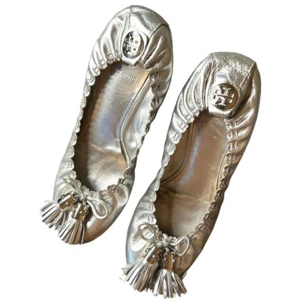 Tory Burch Reese Silver Flats with Tassels